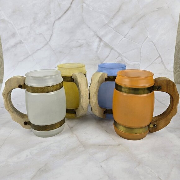 Vintage Siesta Ware Barrel Frosted Mugs Glasses Set of 4 Blue Orange Yellow - Picture 1 of 13